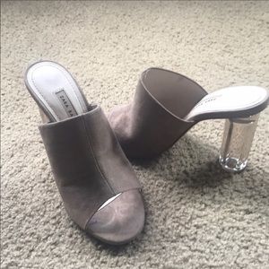 Camel mules with clear heel